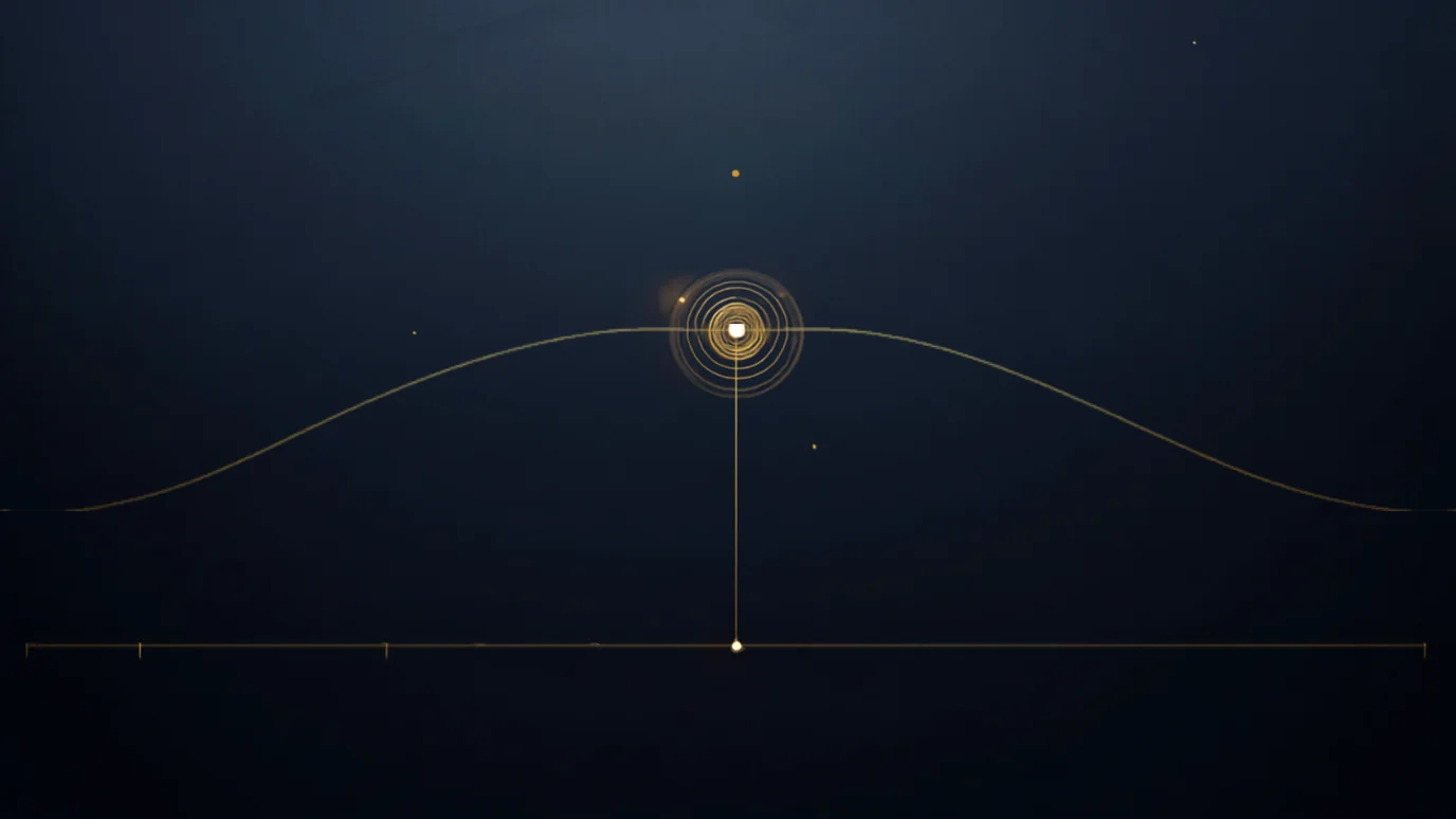 Gold route curve over a navy field, peaking at a ringed hub, with a marker line dropping to a gauge