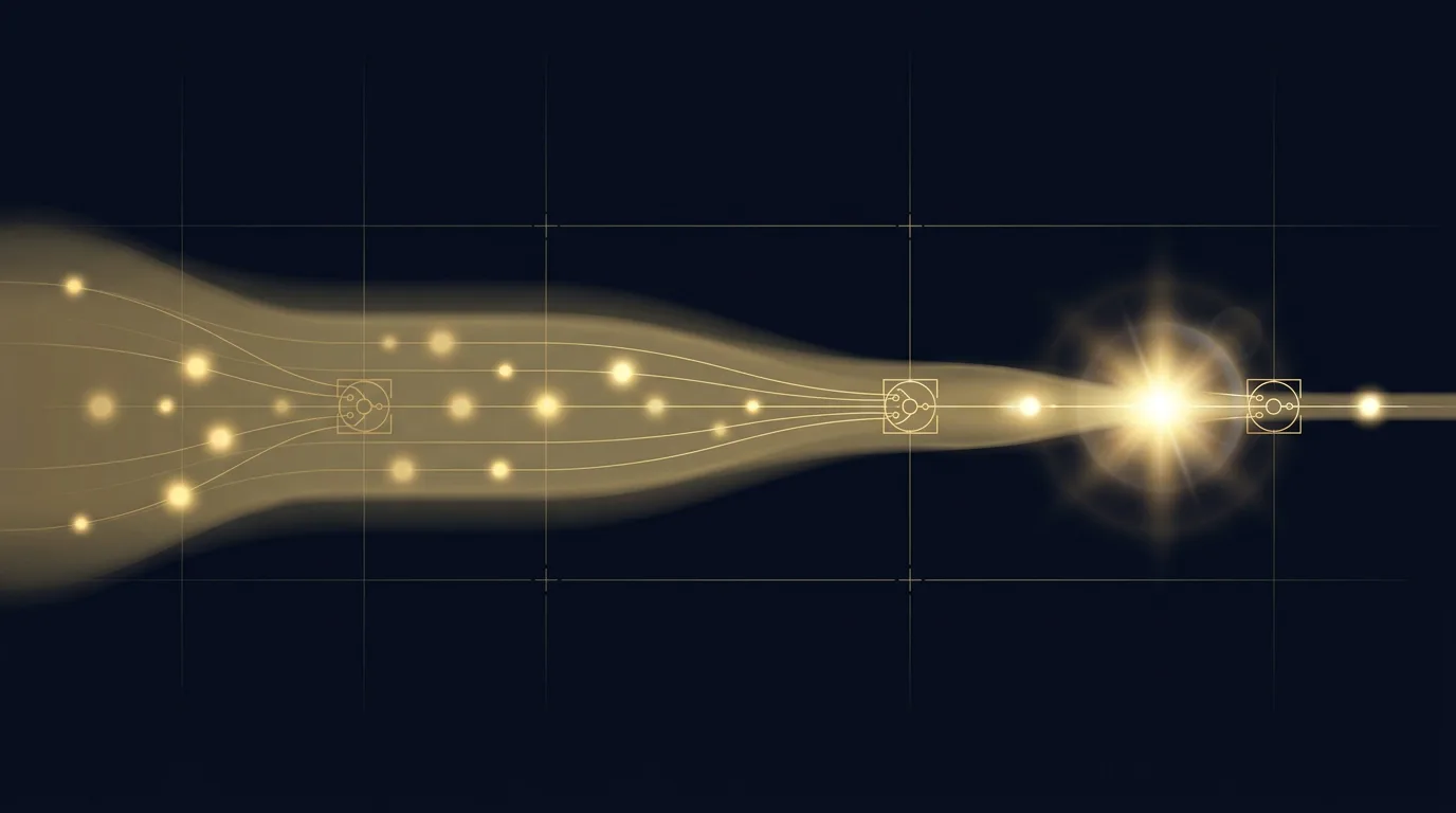 Abstract artwork: golden event pulses flowing through node gates on deep navy, one flaring as an alert