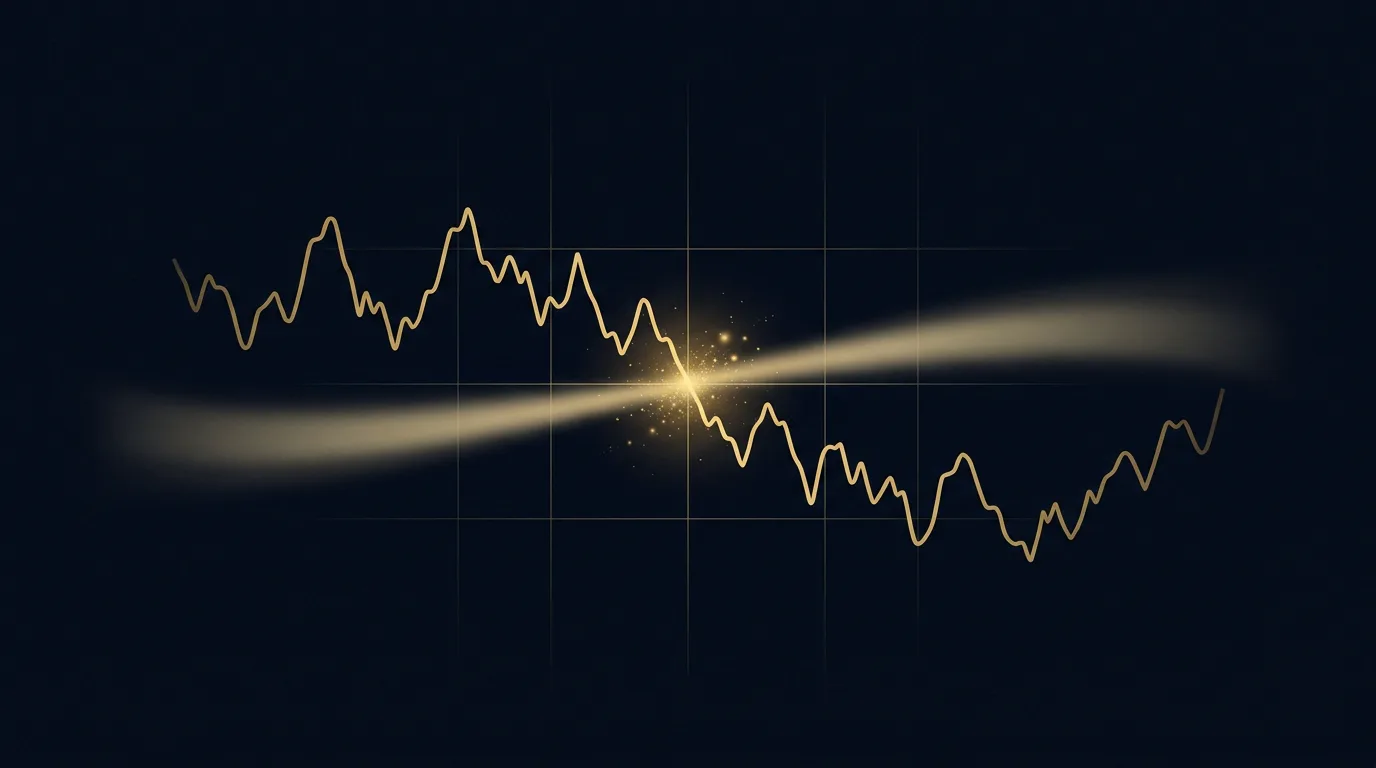 Abstract artwork: gold rate curve crossing a glowing threshold band on deep navy, flaring at the crossing