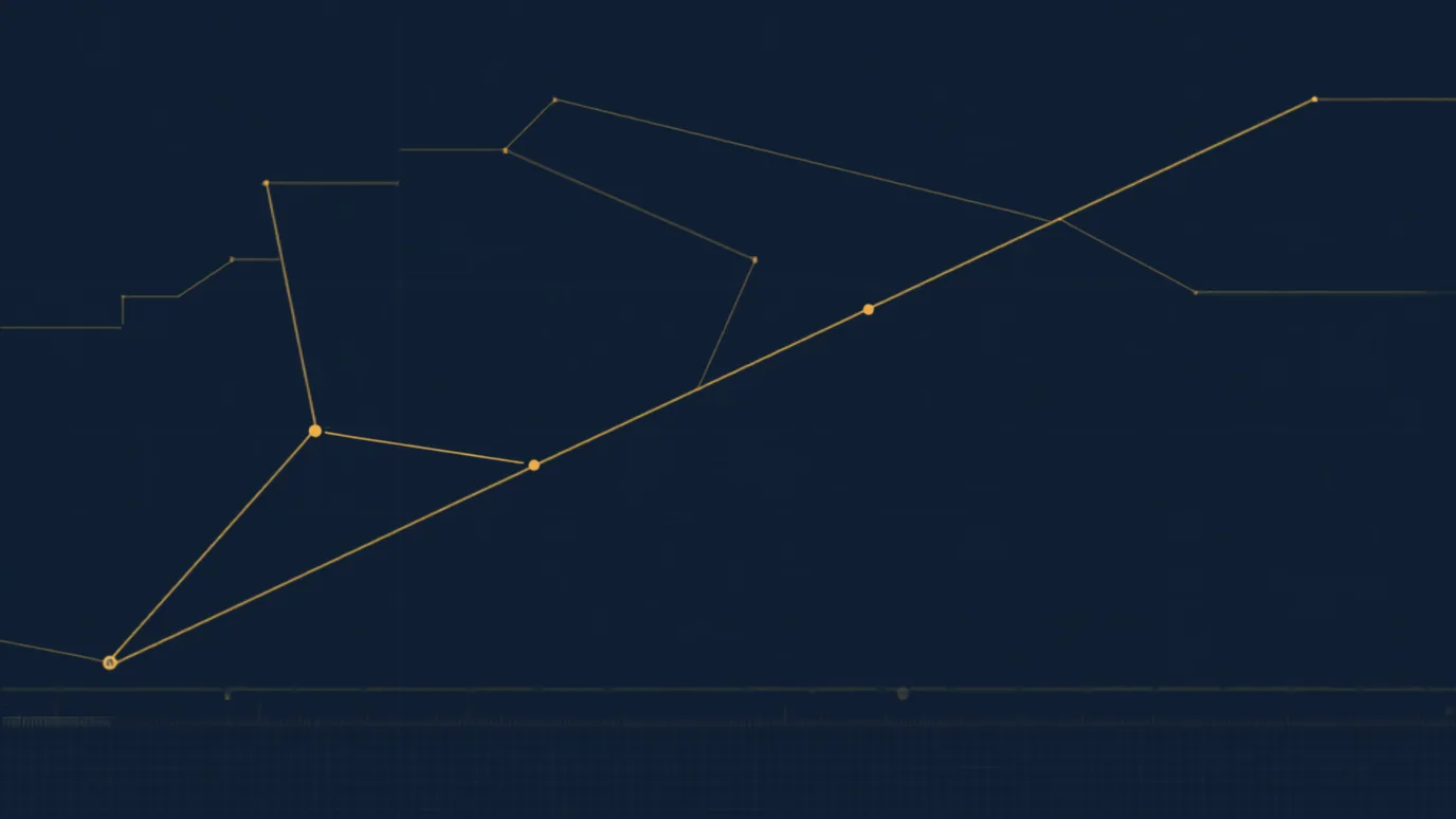 Gold corridor network rising over a navy field, node hubs where routes meet, above a measuring ruler