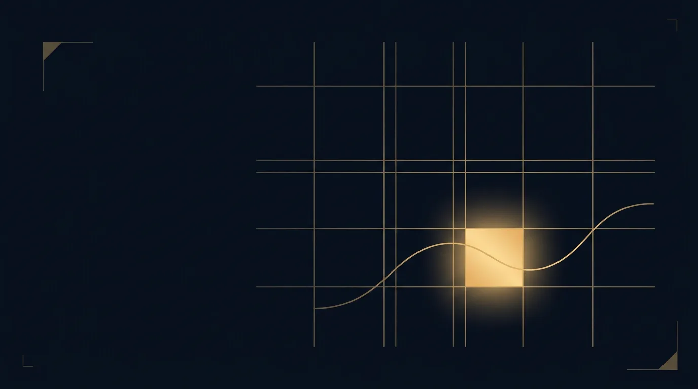 Abstract artwork: gold calendar grid on deep navy with one glowing window and a rate curve dipping through it